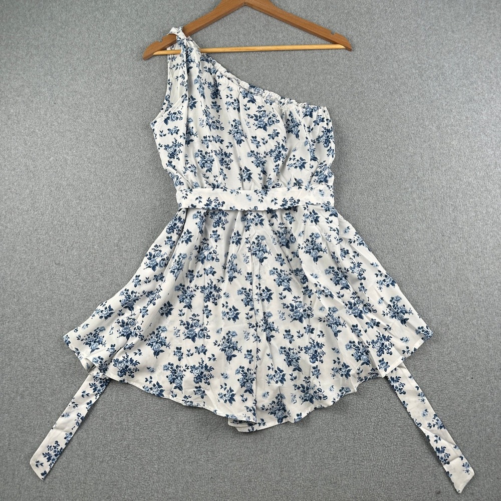 Shein Romper Womens L One Shoulder White Blue Floral Belted Asymmetrical